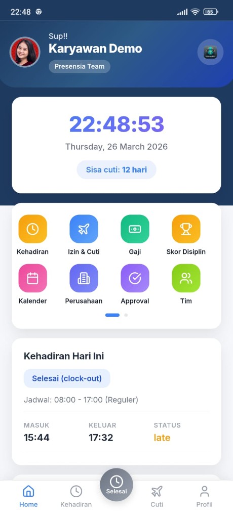 Preview halaman utama karyawan Presensia Team
